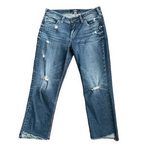 Silver Jeans Avery Cropped Ripped Distressed Medium Wash Straight Leg Jeans 30